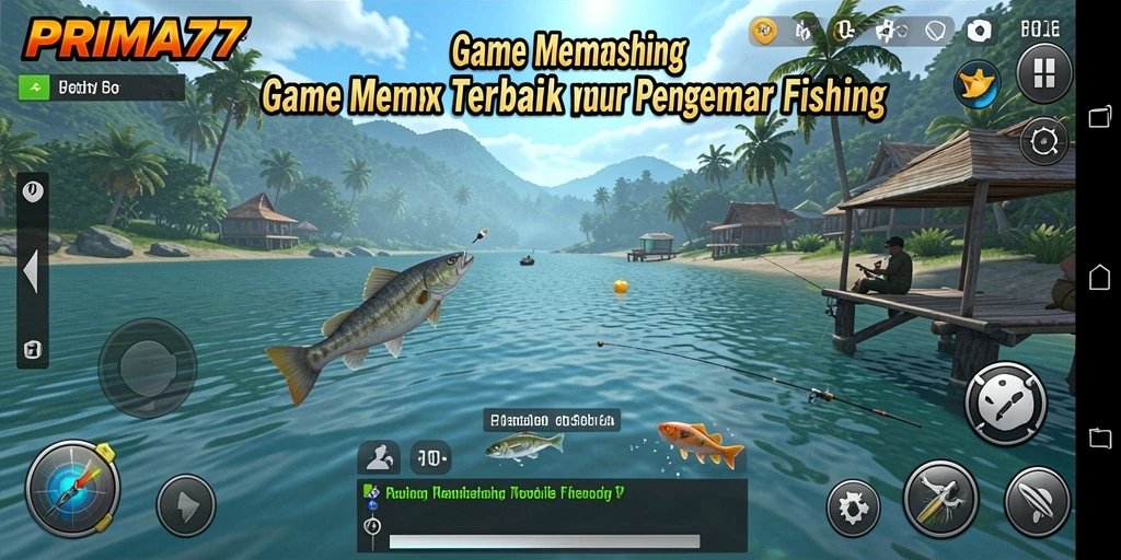 Tampilan gameplay PRIMA77 saat memancing di danau indah.