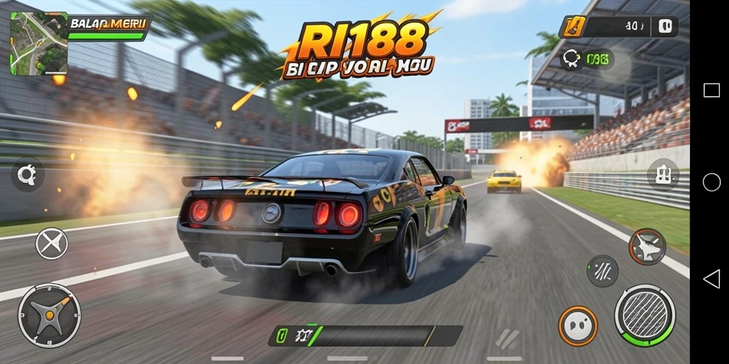 Tampilan gameplay seru dari RI188, balapan mobil di berbagai lintasan.